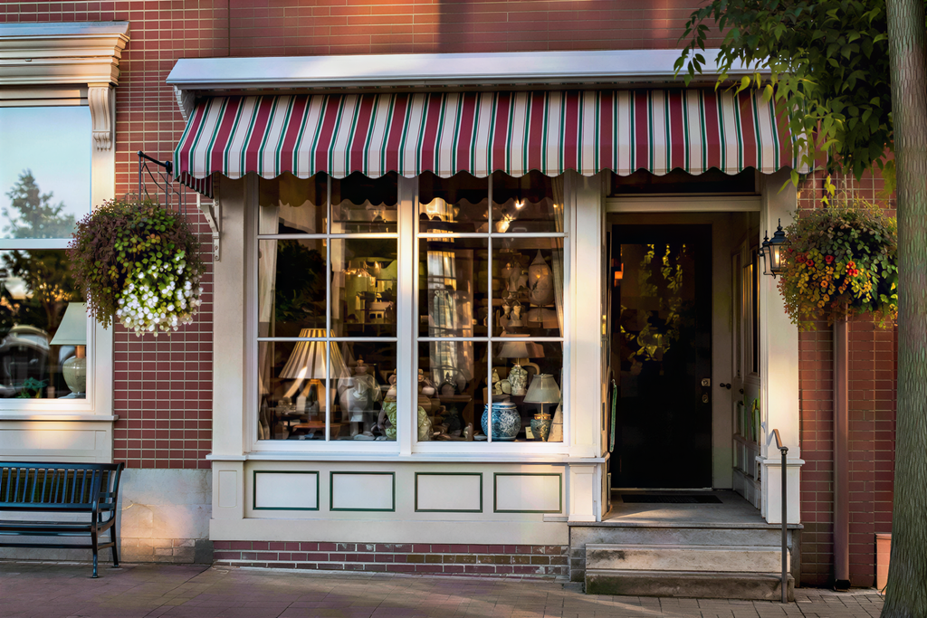 The estimated reconstruction: clean awning, brickwork and window frames
