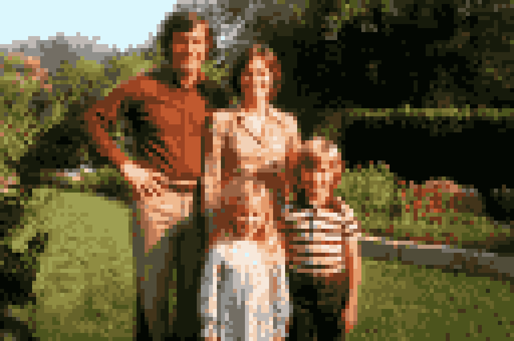 The same garden scene converted to 128-pixel-wide pixel art with an auto-built 24-color palette