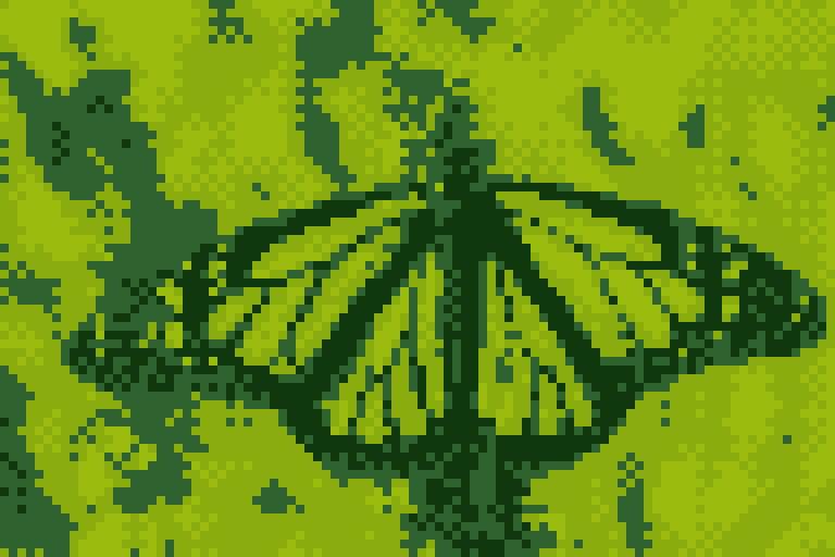 The same photo converted to 96-pixel-wide pixel art in the four-shade Game Boy palette with ordered dithering