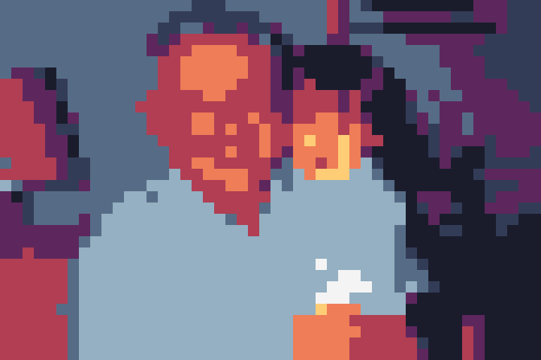 The same portrait converted to 48-pixel-wide pixel art in the Sweetie 16 palette